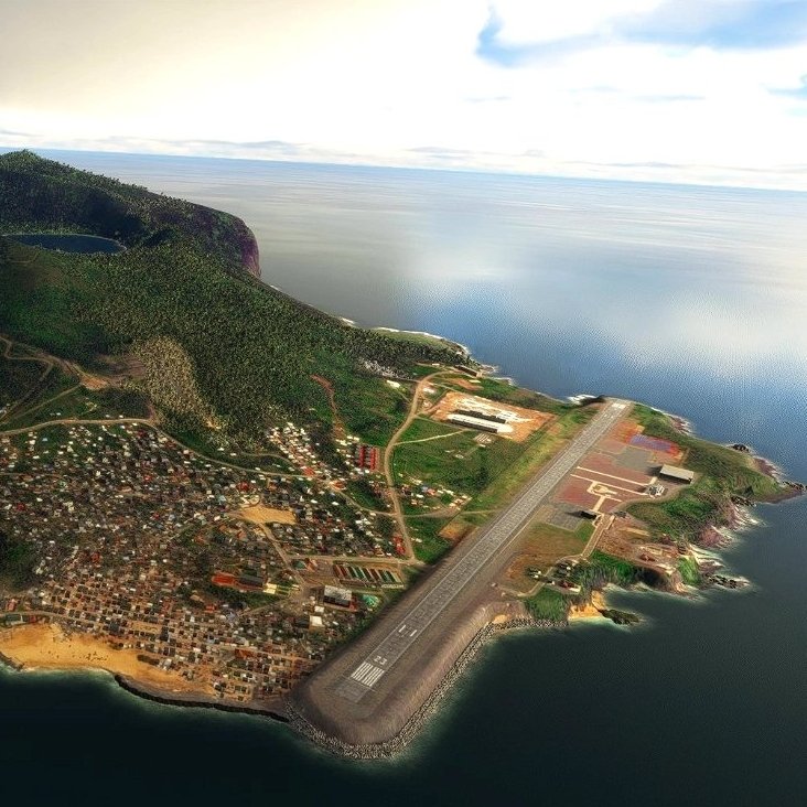 Imagine une île isolée au milieu d'une vaste étendue d'eau calme et scintillante. La surface de l'eau reflète un ciel nuageux, ce qui donne une ambiance sereine. Sur l'île, il y a une montagne verdoyante qui se dresse majestueusement, recouverte de végétation dense et luxuriante. Au bas de la montée, on aperçoit un village coloré, composé de petites maisons accolées, créant un patchwork de teintes. Les bâtiments semblent être en harmonie avec la nature environnante. Sur la côte, il y a un port avec des structures en pierre, probablement destinées à accueillir des bateaux. À l'extrémité de l'île, une piste d'atterrissage est visible, signalant une certaine accessibilité même dans ce coin reculé du monde. L'ensemble évoque un mélange de tranquillité, de vie communautaire et de beauté naturelle.