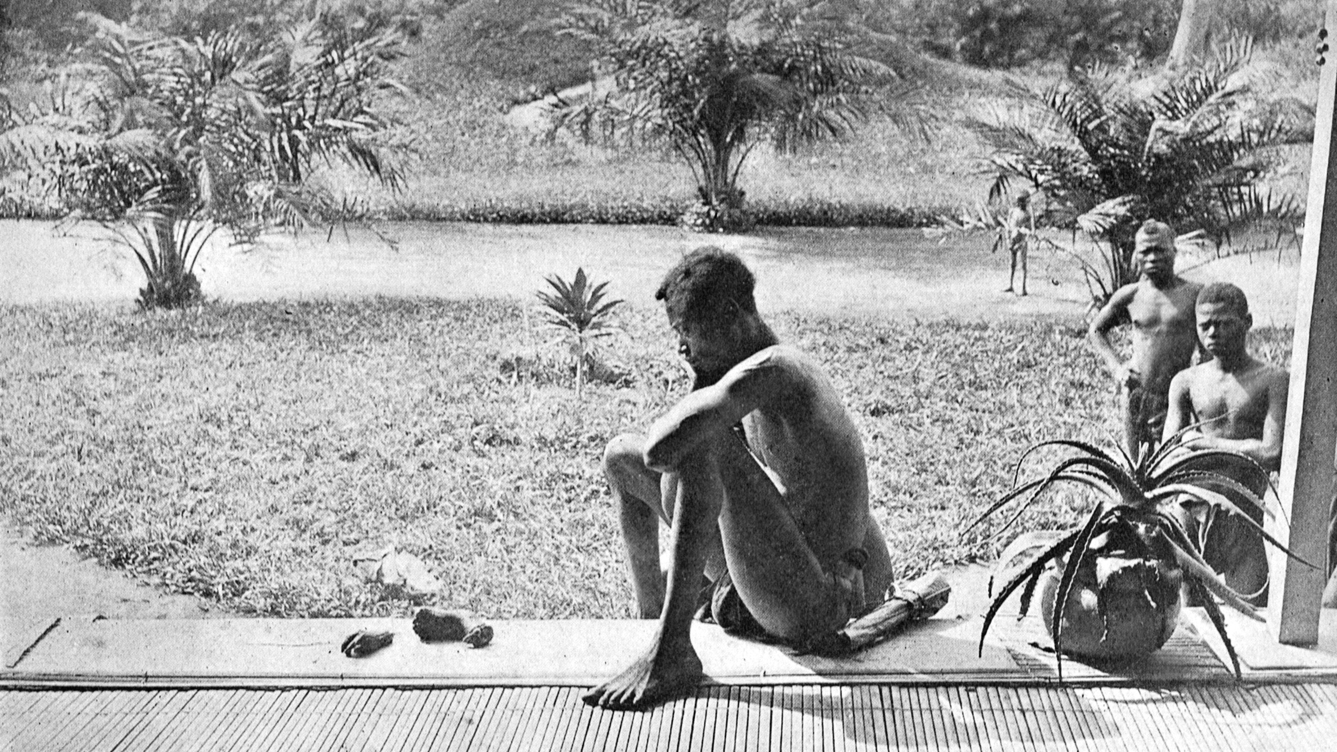 L'image montre une scène en plein air, où une personne assise sur un rebord observe le paysage qui l'entoure. Ce personnage, de dos, semble pensif, en position accroupie, les jambes repliées. Il est nu et se trouve sur une surface en bois. À l'arrière-plan, il y a une étendue de verdure, avec des plantes tropicales comme des palmiers. Sur la gauche, deux enfants sont visibles, debout près d'un petit bosquet. Ils paraissent curieux, observant la scène. Au premier plan, on note des objets au sol, comme de petites pierres. L'atmosphère générale est tranquille et naturelle, évoquant un moment de réflexion dans un cadre sauvage.