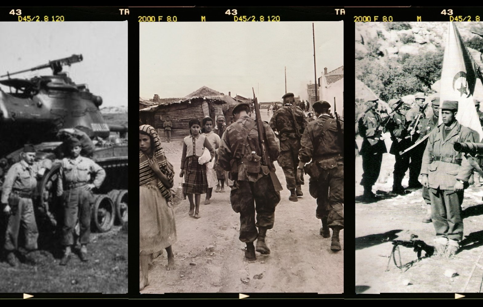 The image is a collage made up of three historical photographs. 1. The first photo features two soldiers posing next to a tank, likely indicating a military setting from a past conflict. 2. The second photo shows a group of soldiers walking along a dirt path, with civilians, including children, visible in the scene, suggesting a backdrop of active military presence or conflict. 3. The third photo depicts a group of armed soldiers standing together, holding a flag and possibly engaging in a ceremonial or formal activity. Overall, the images appear to capture moments related to military operations or historical events, possibly during a war or conflict.
