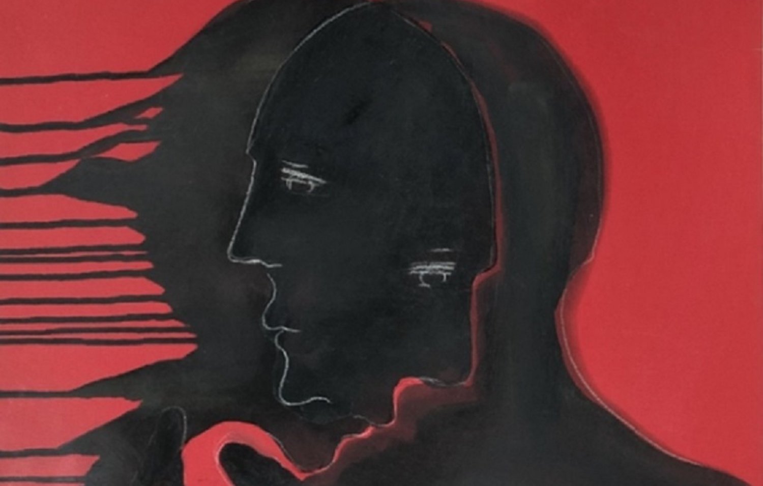 L'image représente un fond rouge intense. Au centre, une silhouette de visage est esquissée en noir. Cette silhouette est stylisée, sans détails prononcés, et semble se fondre dans des coups de pinceau fluides qui s'étendent vers la gauche. Des gouttes de peinture noire s'écoulent à partir de la silhouette, créant une impression de mouvement ou d'émotion intense. L'ensemble de l'œuvre laisse transparaître une ambiance sombre et expressive, évoquant des thèmes de réflexion ou de tourment intérieur.