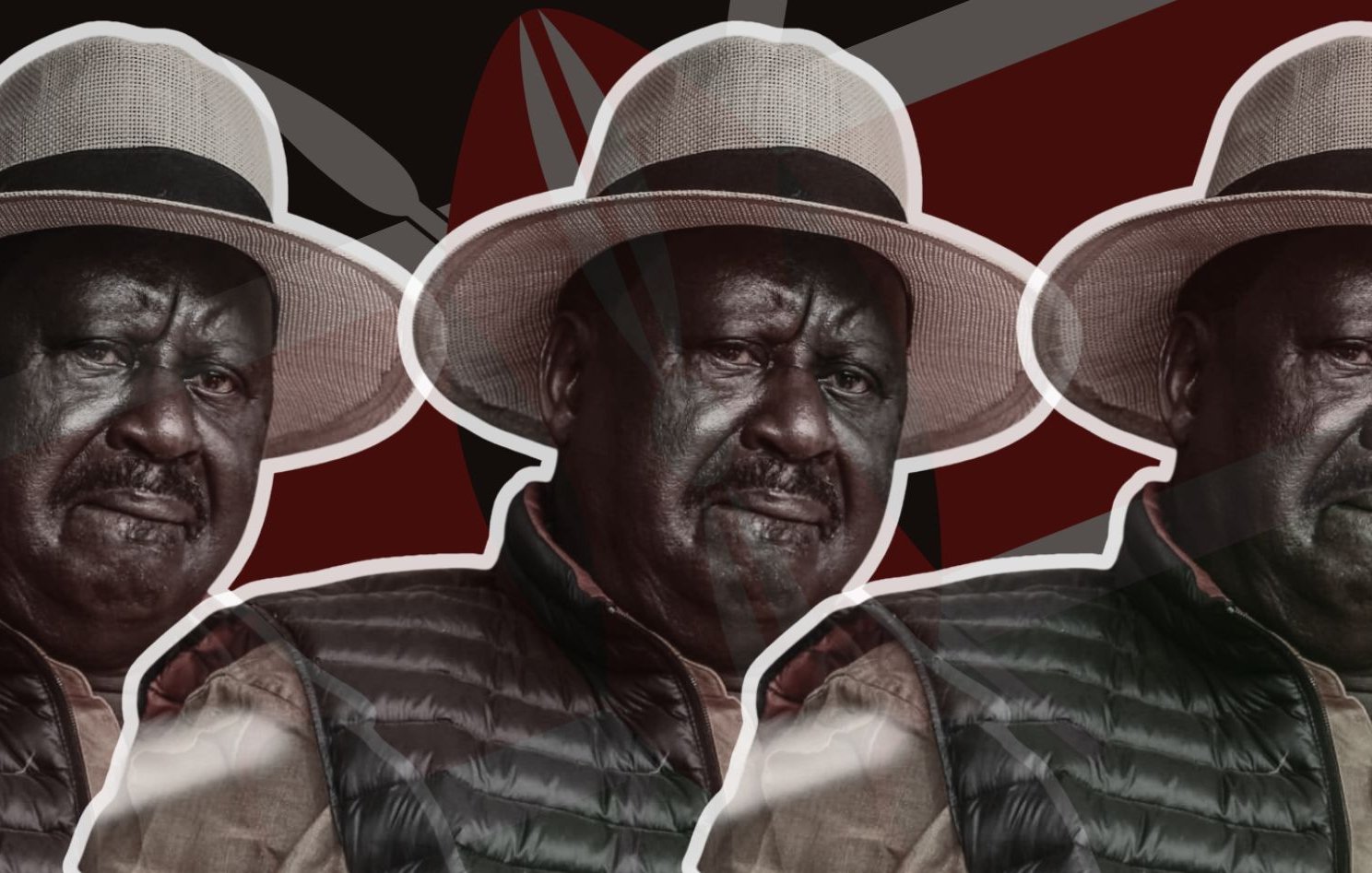 L'image présente un homme avec un visage sérieux, habillé d'une chemise, portant une veste rembourrée et un chapeau de paille large. Ses traits sont marqués et son expression semble refléter une profonde réflexion ou détermination. En arrière-plan, des couleurs et motifs évoquent le drapeau du Kenya, avec des éléments géométriques qui créent une ambiance dynamique. L'image est stylisée, montrant plusieurs fois le même homme, ce qui lui donne un effet de répétition visuelle. L'ensemble transmet une impression de force et de présence.