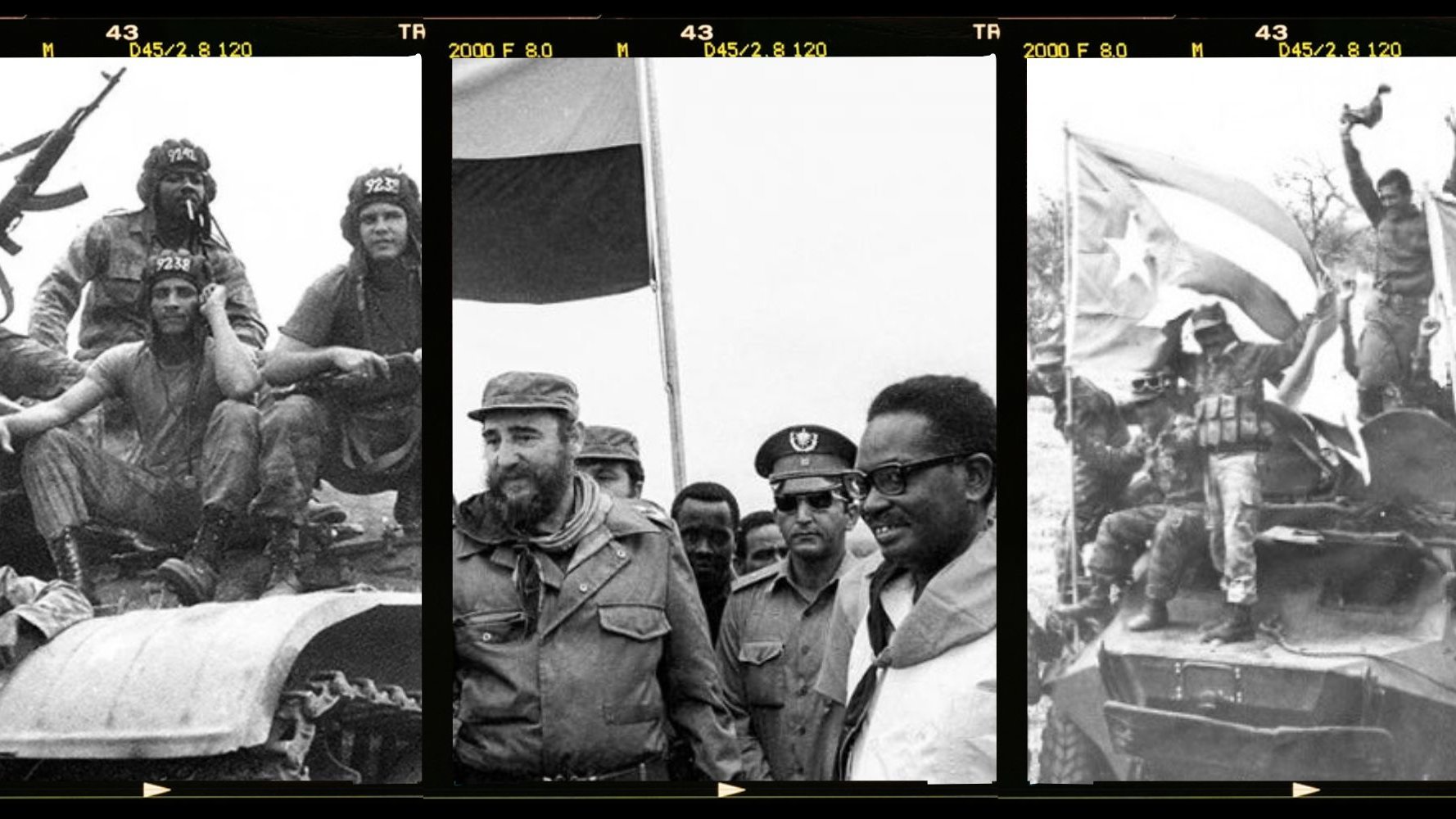 Cette image en trois parties présente des scènes historiques. 1. À gauche, un groupe de soldats est rassemblé autour d'un véhicule militaire. Certains portent des uniformes, d'autres des vêtements civils. Ils affichent des expressions de fierté et de camaraderie. En arrière-plan, on voit un drapeau qui flotte. 2. Au centre, deux hommes se tiennent côte à côte, discutant. L'un d'eux, identifiable par sa barbe et sa casquette, semble être une figure importante. Leur posture suggère une atmosphère de victoire ou de détermination. 3. À droite, une scène dynamique montre des soldats levant un drapeau sur un véhicule militaire. L'ambiance est triomphante, remplie d'énergie et de passion, illustrant un moment de célébration ou de conquête. L'ensemble de ces images évoque des thèmes de lutte, de solidarité et de moments décisifs dans l'histoire.