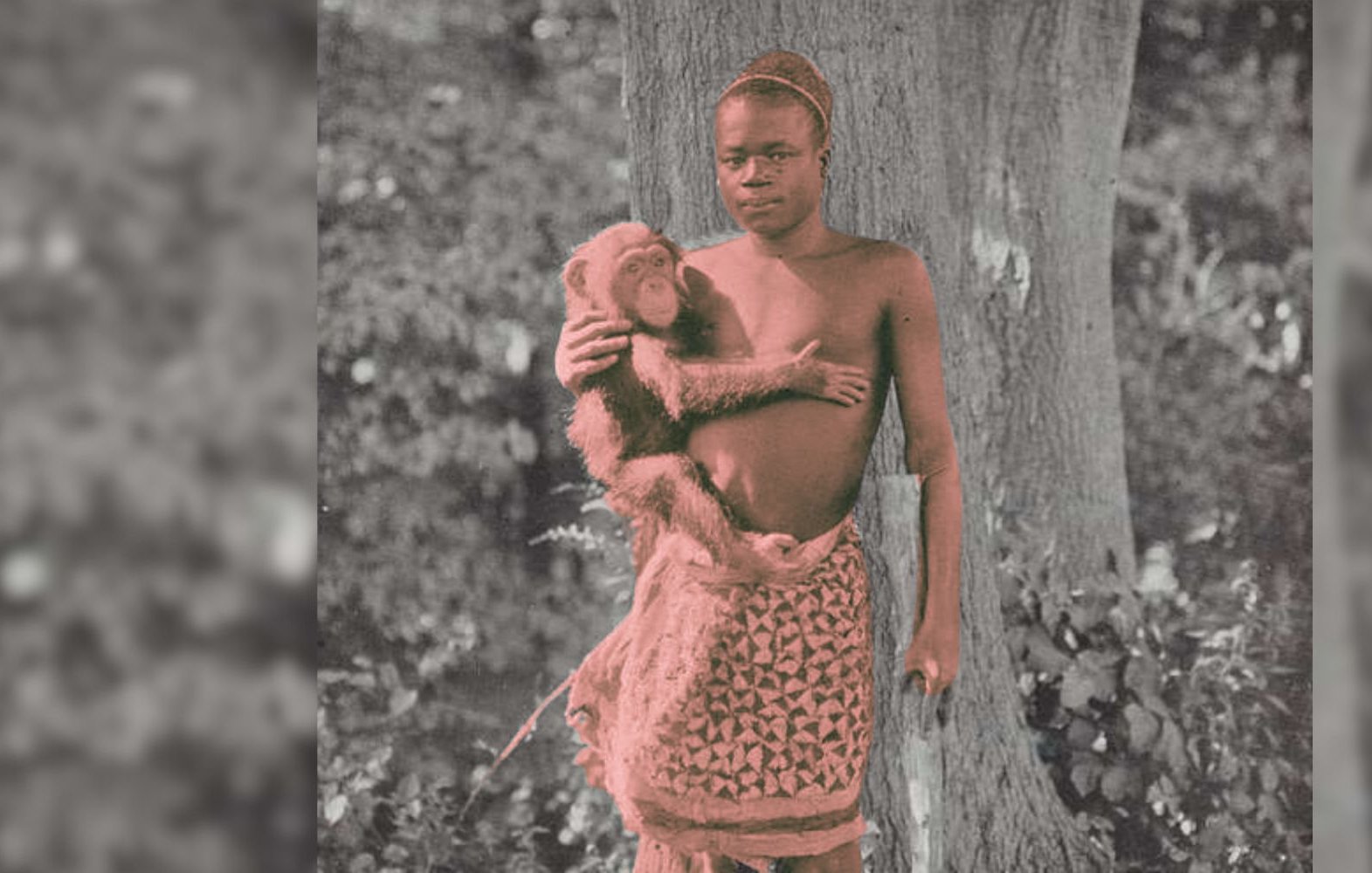 L'image montre un jeune garçon debout près d'un grand arbre. Il porte une jupe tissée, et il a un regard sérieux. Dans ses bras, il tient un petit singe, qui semble curieux et détendu. L'ambiance de la photo est naturelle, avec du feuillage verdoyant en arrière-plan. La scène évoque une connexion entre l'enfant et l'animal, soulignant une relation amicale et intime dans un cadre naturel.