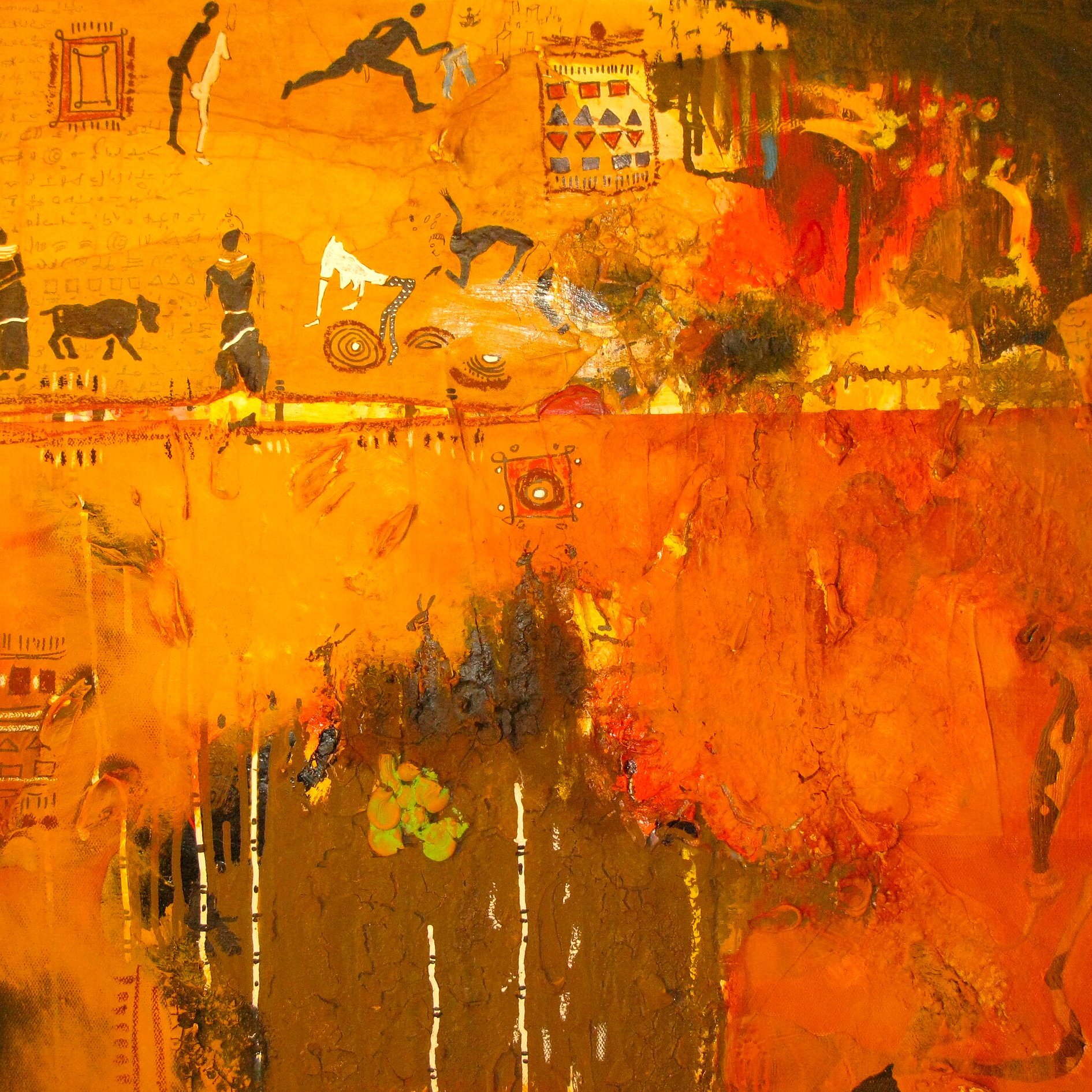 L'image est une œuvre d'art riche en couleurs et en textures. La partie supérieure présente des motifs en noir sur un fond doré, évoquant des scènes de vie ou des activités humaines, peut-être des danses ou des cérémonies. On peut distinguer des silhouettes de personnes, d'animaux, et des motifs géométriques colorés. La partie inférieure de l'œuvre, quant à elle, est dominée par des teintes chaudes d'orange et de marron, créant une sensation de chaleur et de terre. On peut y voir des touches de matière qui ajoutent du relief, représentant peut-être des plantes ou des éléments de la nature. L'ensemble dégage une atmosphère vibrante et dynamique, invitant à l'interprétation et à la réflexion sur les thèmes de la vie et de la culture.