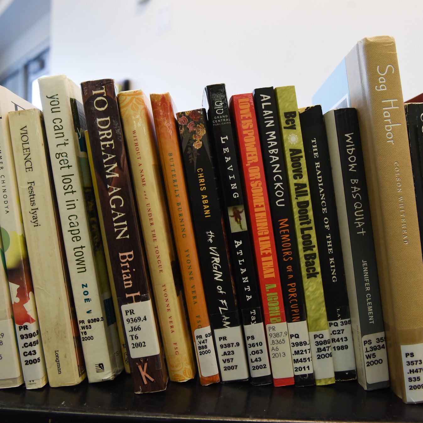 L'image montre une étagère remplie de livres disposés de manière ordonnée. Chaque livre a une couverture colorée, avec des titres variés, allant de l'écriture en noir sur fond blanc à des couleurs vives. Les tranches des livres portent des étiquettes blanches avec des chiffres, semblant indiquer des références ou des catégories. Les livres semblent être principalement de la fiction et abordent divers thèmes, suggérant un éventail d'histoires et de genres littéraires. L'ambiance générale est celle d'une bibliothèque ou d'un espace de lecture, invitant à la découverte littéraire.
