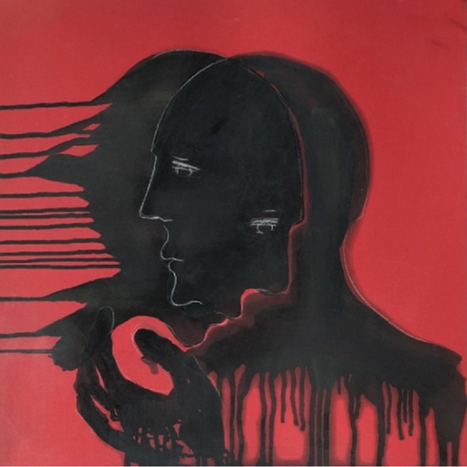 L'image représente un fond rouge intense. Au centre, une silhouette de visage est esquissée en noir. Cette silhouette est stylisée, sans détails prononcés, et semble se fondre dans des coups de pinceau fluides qui s'étendent vers la gauche. Des gouttes de peinture noire s'écoulent à partir de la silhouette, créant une impression de mouvement ou d'émotion intense. L'ensemble de l'œuvre laisse transparaître une ambiance sombre et expressive, évoquant des thèmes de réflexion ou de tourment intérieur.
