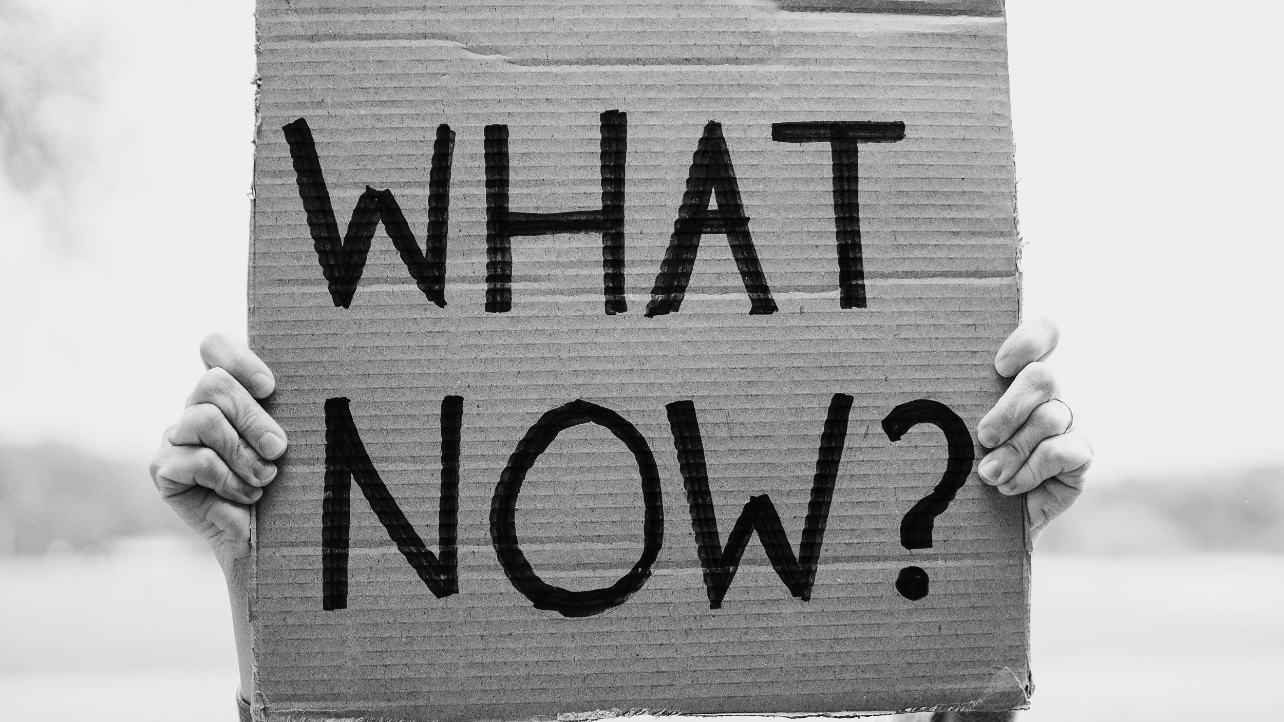 L'image montre une personne tenant une grande pancarte en carton. La pancarte est de couleur marron et comporte des lettres noires écrites en gras. Les mots affichés sont "WHAT NOW ?", ce qui peut exprimer une question ou une incertitude. L'arrière-plan semble flou, donnant un effet de profondeur et mettant en avant le message de la pancarte. La scène est en noir et blanc, ce qui accentue la simplicité et l'impact du message.