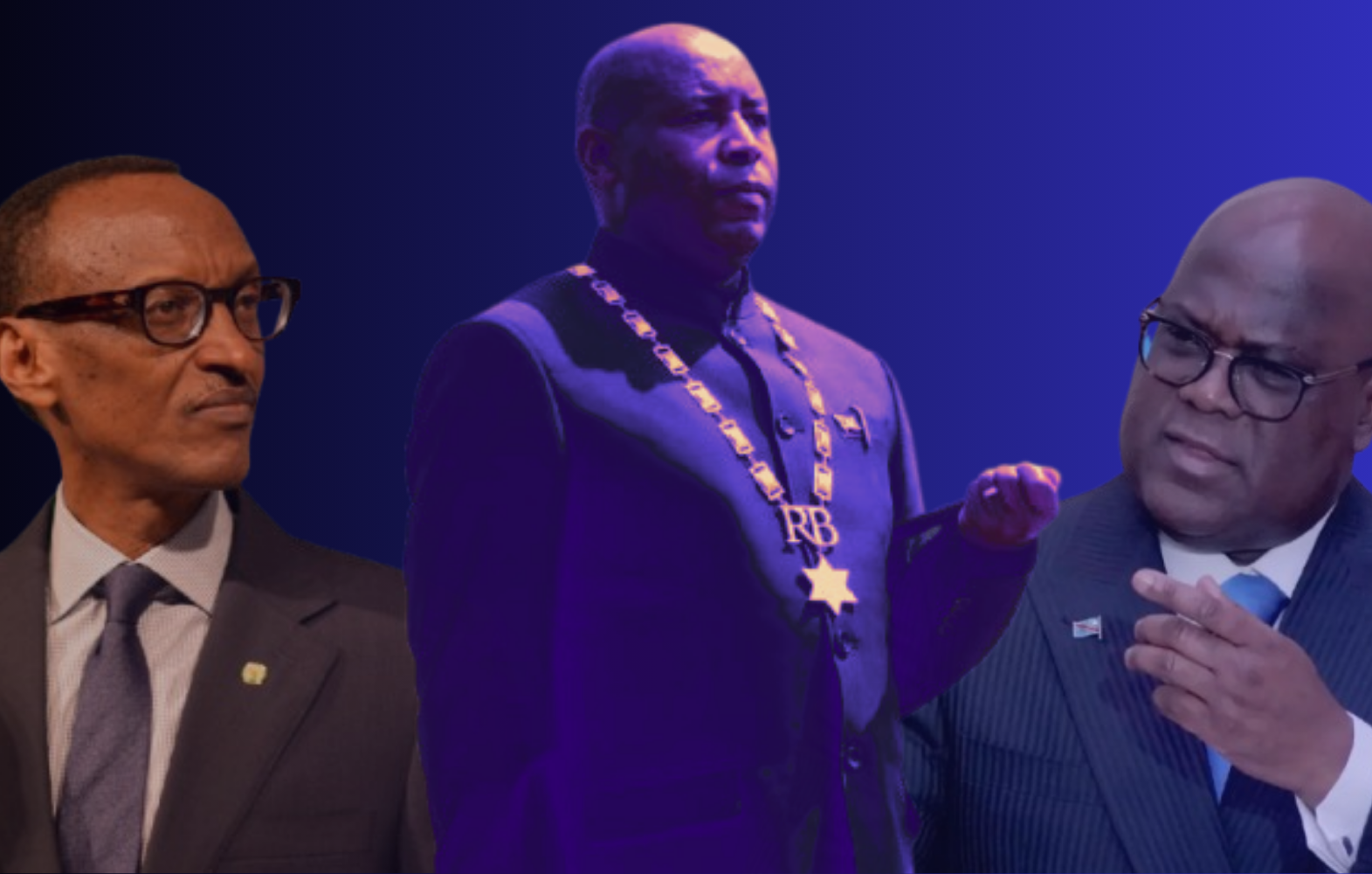 The image features three prominent figures, each presented against a gradient background. On the left, there is a man with glasses and a serious expression. In the center, another man is depicted wearing a chain or medal, suggesting a position of authority or honor. The third figure, on the right, appears to be gesturing thoughtfully while dressed in a formal suit. The overall composition suggests themes of leadership and diplomacy.