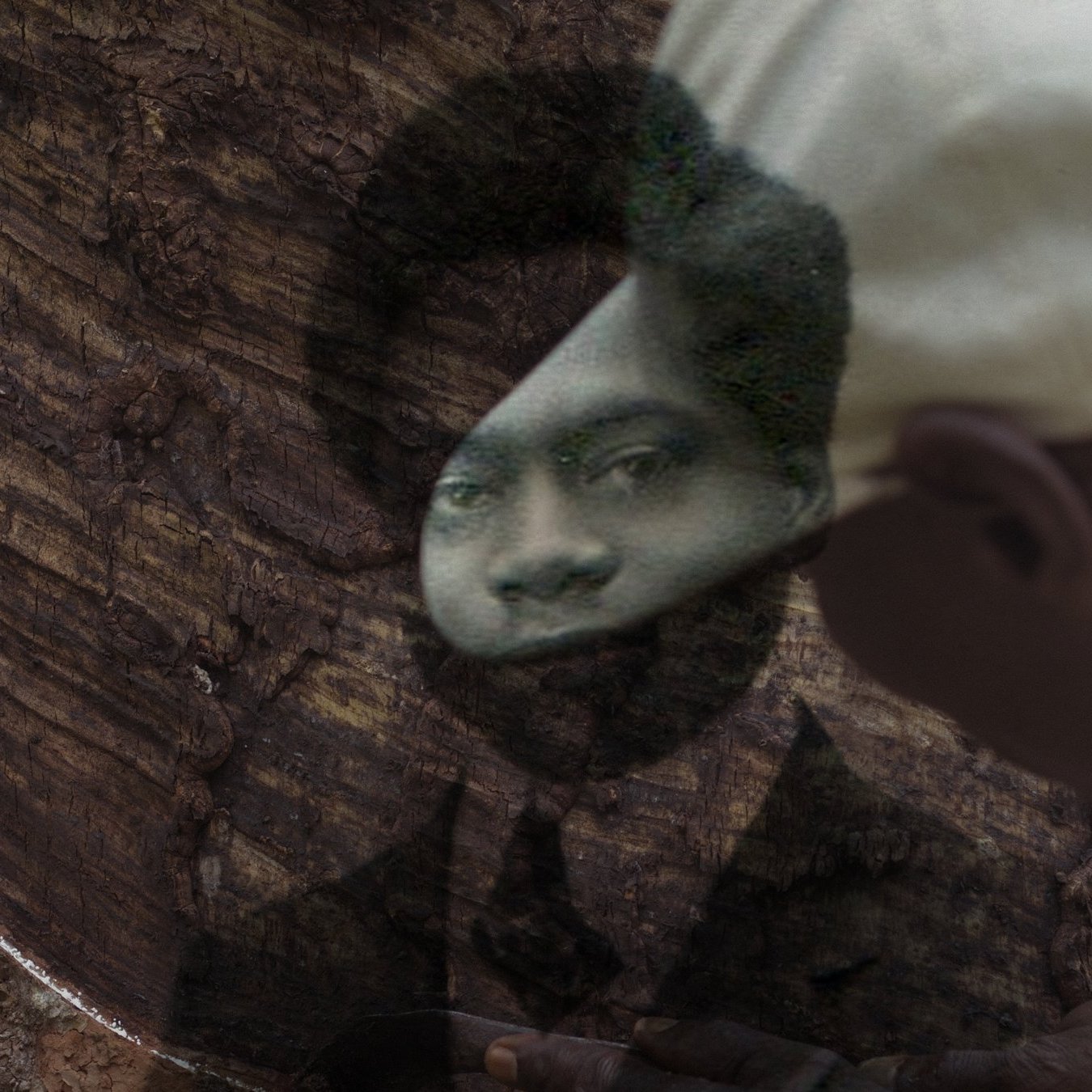 L'image montre un homme en train de travailler avec un morceau de bois. Ce dernier est une surface très texturée, et l'homme semble utiliser un outil pour façonner ou sculpter le bois. À travers le bois, un portrait en noir et blanc de quelqu'un d'autre est visible, créant un effet de superposition. Le visage qui apparaît dans le bois a une expression sérieuse, et l'homme qui travaille porte une casquette. L'atmosphère de l'image évoque une connexion entre le passé et le présent, comme si l'artisan essayait de donner vie à la mémoire de cette personne.