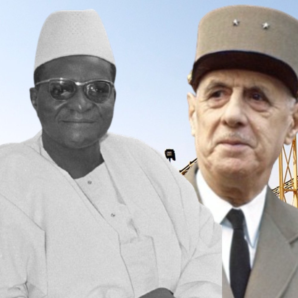 The image appears to show two historical figures in front of a background featuring industrial equipment, likely related to mining or construction. One figure is depicted in black and white, dressed in traditional attire, while the other is shown in color, wearing a military uniform and a distinctive hat. The setting suggests a focus on industrial development or political themes, potentially highlighting a historical connection between these individuals.