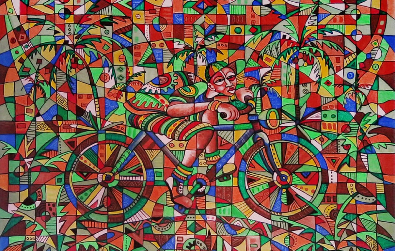 L'image présente une composition vibrante et colorée, dominée par des teintes de rouge, vert et jaune. Au centre, un personnage détendu est assis sur un vélo, entouré d'un environnement tropical qui évoque des palmiers et d'autres formes naturelles stylisées. Les formes géométriques et les motifs abstraits se mêlent pour créer une impression de mouvement et d'énergie. Le fond est rempli de motifs colorés qui ajoutent de la profondeur à la scène, donnant une sensation de chaleur et de vie, comme un jour ensoleillé dans un lieu exotique.