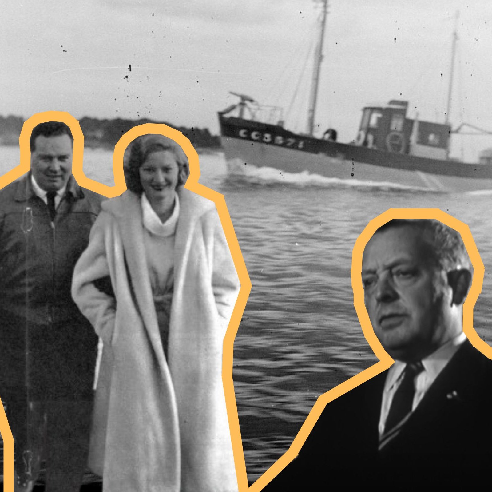 L'image que vous décrivez montre trois éléments principaux. Au centre, il y a deux personnes debout côte à côte : un homme et une femme. L'homme porte un manteau, et la femme est vêtue d'un long manteau clair. Tous deux ont l'air souriant et sont probablement dans un environnement extérieur, suggérant un moment convivial. En arrière-plan, un bateau de pêche navigue sur l'eau. Ce bateau est plutôt simple, avec des lignes classiques, et semble glisser doucement à la surface de l'eau. À droite, il y a également un portrait d'un homme en train de regarder vers l'avant. Son expression est sérieuse, et il semble en réflexion. L'ensemble de la scène donne un sentiment de nostalgie, peut-être évoquant un souvenir d'une époque passé ou d'un moment partagé en plein air.