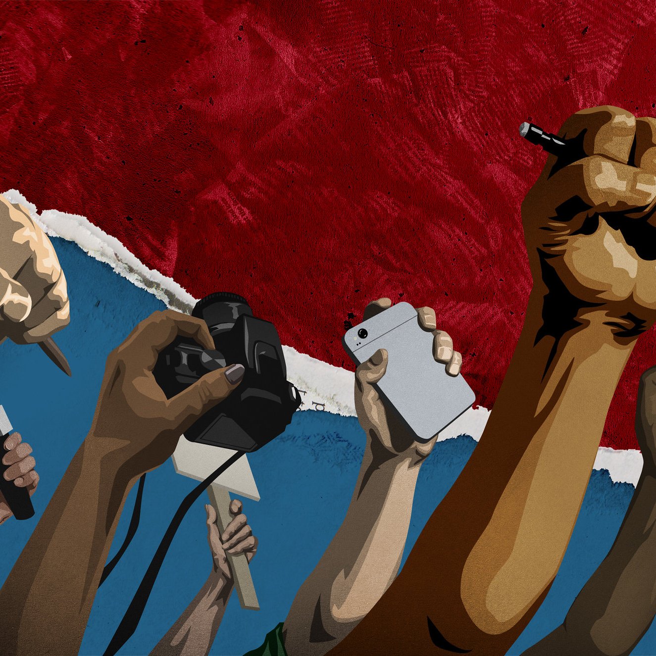 L'image représente une scène dynamique et symbolique de mobilisation. Au premier plan, plusieurs mains s'élèvent, tenant différents objets représentant l'expression et la communication. On voit des mains qui tiennent des stylos, un microphone, une caméra, un téléphone portable et un mégaphone. Leurs poings sont levés, symbolisant la solidarité et la lutte pour la liberté d'expression. L'arrière-plan est divisé en deux couleurs : un rouge intense dominate en haut, évoquant une passion et une détermination, et un bleu apaisant en bas, qui pourrait symboliser l'espoir et la paix. Le contraste entre ces couleurs renforce l'énergie de la scène, soulignant l'importance de l'engagement collectif. Cette illustration évoque les thèmes de la voix, de l'activisme et de la résistance.