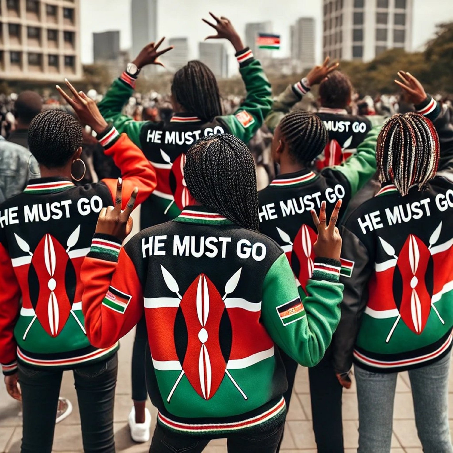 The image shows a group of people standing with their backs to the camera, all wearing matching colorful jackets that feature the Kenyan flag and an artistic design of traditional Kenyan symbols. They have their hands raised in a peace sign gesture, indicating solidarity and protest. The text "HE MUST GO" is prominently displayed on the back of each jacket, suggesting a strong political message. In the background, there are buildings and a crowd, indicating that this is likely taking place in a public demonstration or rally.