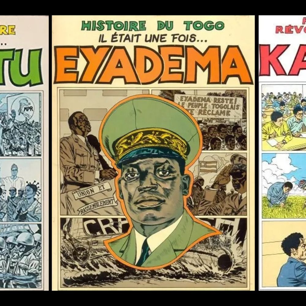 L'image présente trois illustrations distinctes, chacune dédiée à un personnage historique et son pays. À gauche, nous avons une représentation de Mobutu, le leader du Zaire, affichant un style vestimentaire traditionnel avec un chapeau typique, entouré de motifs évoquant des scènes de la vie politique et sociale du pays.Au centre, se trouve Eyadéma, le dirigeant du Togo, habillé en uniforme militaire. Son expression est sérieuse, symbolisant son rôle dans l'histoire du pays. En arrière-plan, plusieurs éléments graphiques illustrent des moments clés de son règne.À droite, Kadhafi, le leader libyen, est dépeint dans un cadre où il s'adresse à une foule. Son image est entourée de symboles révolutionnaires, reflétant son impact sur la Libye et ses idéaux politiques.Chaque illustration est accompagnée de titres en couleurs vives, faisant référence à l'histoire de chacun de ces personnages et à leur influence dans leur région respective.