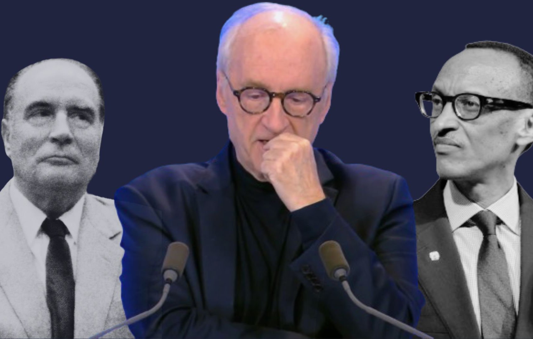 L'image montre un homme au centre, en train de réfléchir, avec une main posée sur son menton. Il porte des lunettes et un vêtement sombre, se tient devant deux microphones. À gauche, on voit une photo en noir et blanc d'un homme en costume, tandis qu'à droite, une autre photo montre un homme portant des lunettes avec un signe distinctif, également en noir et blanc. L'arrière-plan est d'un bleu profond, ce qui met en valeur les figures autour de l'homme central, qui semble pensif et préoccupé.