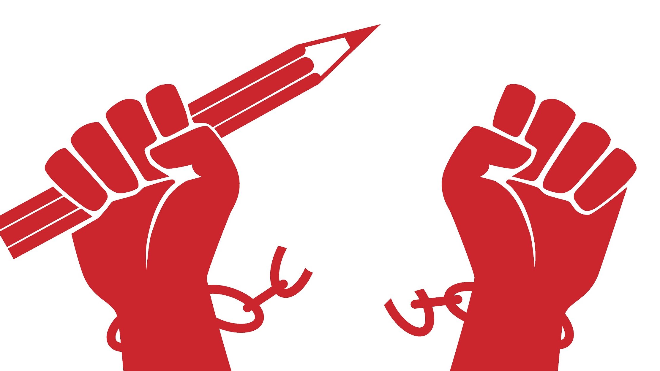 L'image représente deux poings levés, symbolisant la résistance et la lutte. L'un des poings tient un crayon, signifiant l'importance de la liberté d'expression et de la créativité. Les poignets des mains sont entravés par des chaînes, symbolisant l'oppression et la restriction. L'ensemble est présenté dans une teinte rouge, qui évoque la passion et la détermination. Cette image illustre un message fort sur la libération et la défense des droits.