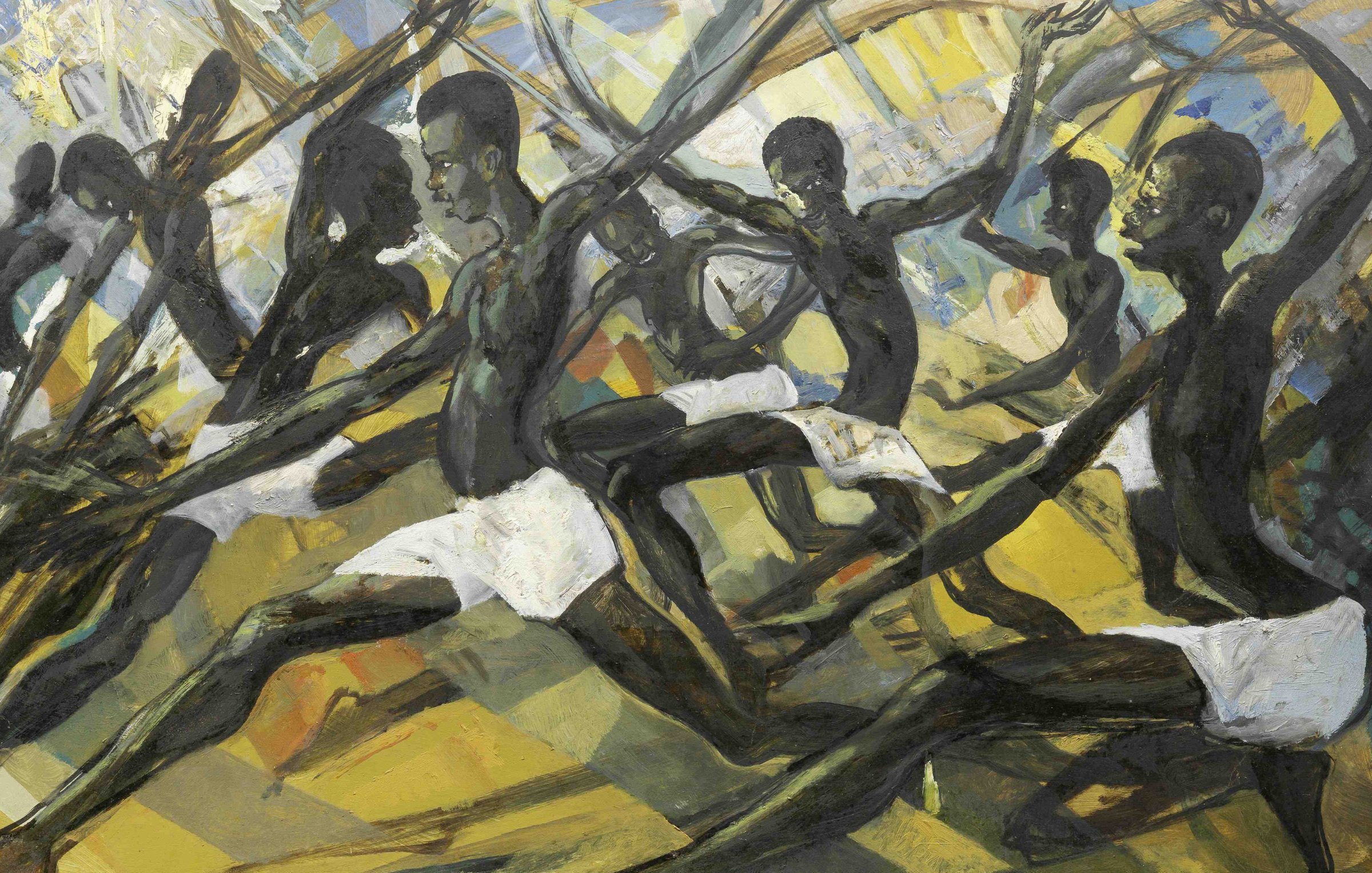 L'image représente une scène dynamique et énergique, où plusieurs figures humaines sont en mouvement. Ces personnages, tous représentés avec une peau noire, semblent engagés dans une danse ou une performance rythmique. Ils sont habillés de manière minimaliste, portant seulement des sous-vêtements blancs. Leurs corps sont musclés et leur posture montre une grande force et fluidité. L'arrière-plan est un mélange de couleurs vives, principalement des teintes de jaune, de vert et de bleu, qui évoquent une certaine énergie et dynamisme. Les lignes sont angulaires et donnent une impression de mouvement rapide, comme si la scène était en pleine action. L'œuvre respire la vitalité et la culture, transmettant une forte émotion à travers les gestes des danseurs.