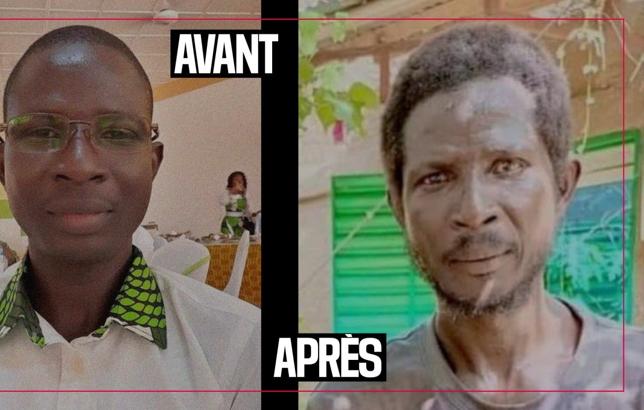 L'image est divisée en deux parties : à gauche, on voit un homme bien habillé, souriant, avec des lunettes et une chemise à motifs verts. Il a l'air soigné et détendu, entouré d'un environnement de fête ou de réunion. À droite, l'homme apparaît dans une situation contrastante. Son visage est plus marqué, il a une barbe peu soignée et des cheveux ébouriffés. Son regard semble plus fatigué et il porte des vêtements usés. L'arrière-plan montre une fenêtre verdâtre, suggérant un cadre moins festif et peut-être plus modeste. Cette comparaison met en évidence un changement significatif dans l'apparence de l'homme, symbolisant peut-être des difficultés ou des transformations dans sa vie.