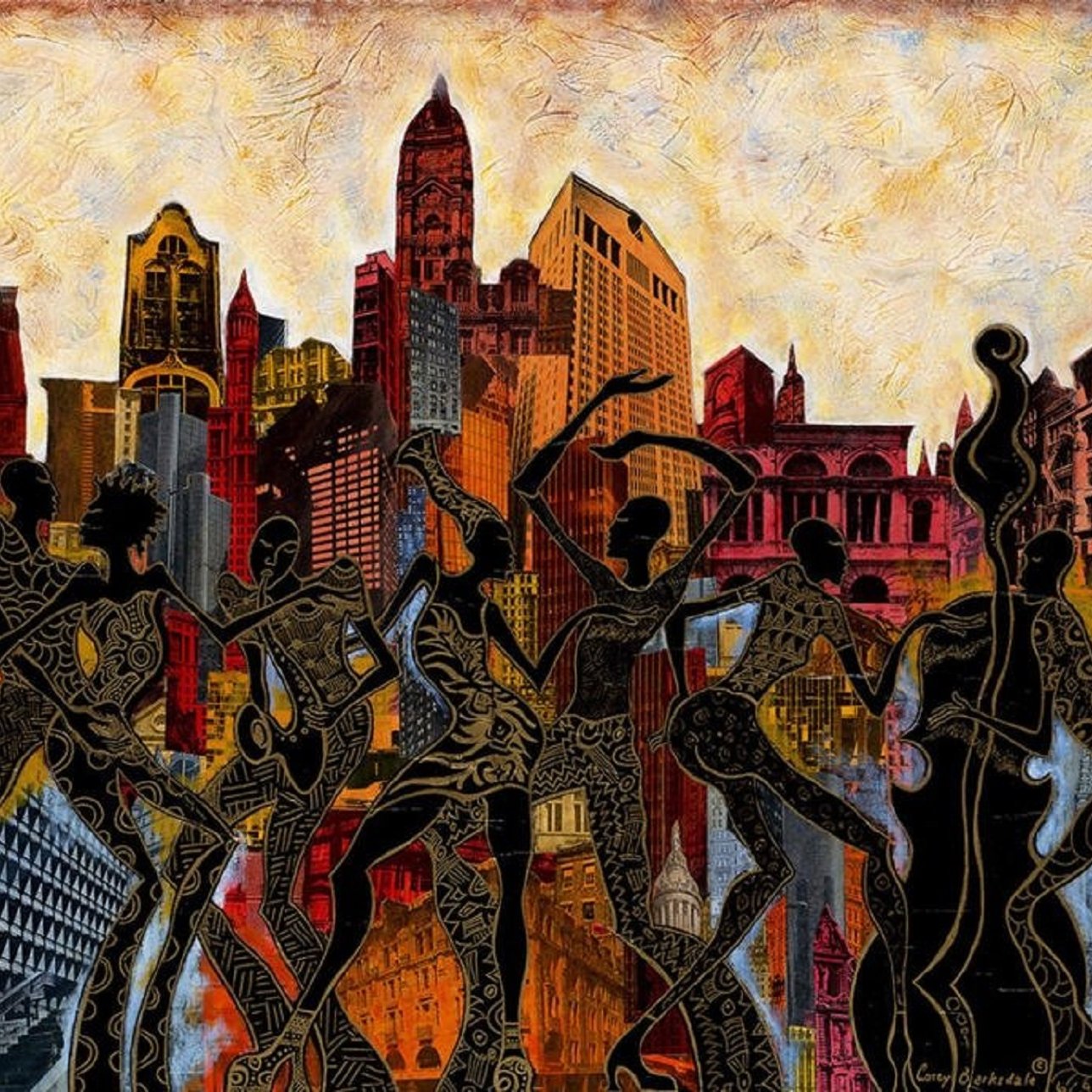 L'image que vous décrivez présente une scène dynamique et vibrante de silhouettes humaines dansantes. Ces figures, stylisées et remplies de motifs, évoquent une ambiance festive et joyeuse, suggérant le mouvement et l'énergie. En arrière-plan, on aperçoit une silhouette de ville moderne avec des buildings majestueux, aux formes variées, qui évoquent une atmosphère urbaine animée. Les couleurs sont chaudes, avec des nuances de rouge, d'orange et de jaune, créant un contraste avec les silhouettes sombres. Cette œuvre respire la culture et la vitalité, offrant une impression de célébration et de vie citadine. C'est un hommage visuel à l'art et à la danse, en synchronisation avec le pouls de la ville. 