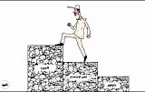 Un dessin d'Osman Obaid intitulé « Échapper à la sanction », publié en mai 2024. Sur la première marche, à droite : « Darfour » ; après : « Dispersion du sit-in » (cela correspond au massacre de juin 2019) ; et enfin : « La guerre ».