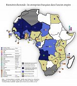 La carte indique par État, pour chaque recensement biométrique électoral, le niveau de corrélation entre la nationalité des entreprises prestataires et l'ancienne puissance coloniale.