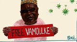 Dessin d'Amadou Vamoulké réalisé par le caricaturiste équatorien Bonil lors d'une campagne initiée par Reporters sans frontières et Cartooning for Peace en 2020.