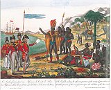 Lithographie conservée à la Bibliothèque nationale de France, légendée ainsi : « Les Anglais faisant part aux Africains du Traité de paix des puissances alliées du 20 octobre 1815 sur l'abolition de la traite des noirs ».