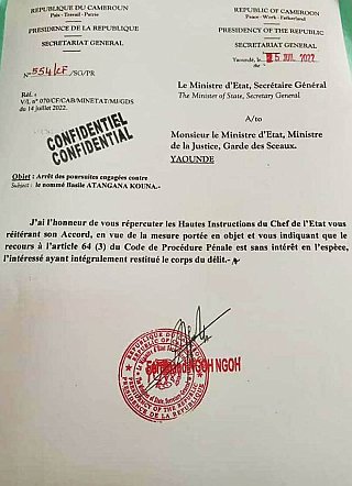 Dans ce courrier « confidentiel » daté du 25 juillet 2022, le secrétaire général de la Présidence fait part des {« hautes instructions »} du président de la République en faveur de la libération d'Atangana Kouna.