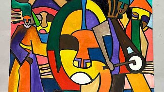 Cette image est une peinture colorée et abstraite. On y voit des formes géométriques variées, principalement des cercles, des lignes et des figures humaines stylisées. Les couleurs sont vives et contrastées : des oranges, des verts, des bleus, et des jaunes, créant un dynamisme visuel. Les personnages semblent interagir, chacun occupant une place bien définie dans la composition. Les contours sont marqués, ajoutant une dimension graphique qui attire l'œil. L'ensemble évoque une atmosphère énergique et joyeuse.