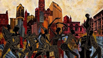 L'image que vous décrivez présente une scène dynamique et vibrante de silhouettes humaines dansantes. Ces figures, stylisées et remplies de motifs, évoquent une ambiance festive et joyeuse, suggérant le mouvement et l'énergie. En arrière-plan, on aperçoit une silhouette de ville moderne avec des buildings majestueux, aux formes variées, qui évoquent une atmosphère urbaine animée. Les couleurs sont chaudes, avec des nuances de rouge, d'orange et de jaune, créant un contraste avec les silhouettes sombres. Cette œuvre respire la culture et la vitalité, offrant une impression de célébration et de vie citadine. C'est un hommage visuel à l'art et à la danse, en synchronisation avec le pouls de la ville. 