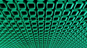 L'image montre un motif répétitif de carrés de couleur verte. Ces carrés sont disposés de manière régulière et forment une sorte de grille ou de treillis. La texture semble lisse, et les angles des carrés sont bien définis. L'ensemble crée une impression de profondeur et de répétition, avec une lumière qui pourrait accentuer les ombres des différents éléments. Cette composition évoque une sensation de structure et d'ordre.