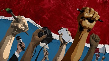 L'image représente une scène dynamique et symbolique de mobilisation. Au premier plan, plusieurs mains s'élèvent, tenant différents objets représentant l'expression et la communication. On voit des mains qui tiennent des stylos, un microphone, une caméra, un téléphone portable et un mégaphone. Leurs poings sont levés, symbolisant la solidarité et la lutte pour la liberté d'expression. L'arrière-plan est divisé en deux couleurs : un rouge intense dominate en haut, évoquant une passion et une détermination, et un bleu apaisant en bas, qui pourrait symboliser l'espoir et la paix. Le contraste entre ces couleurs renforce l'énergie de la scène, soulignant l'importance de l'engagement collectif. Cette illustration évoque les thèmes de la voix, de l'activisme et de la résistance.