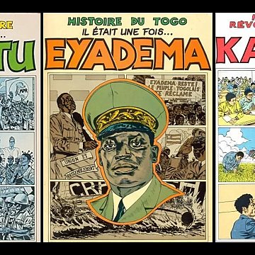 L'image présente trois illustrations distinctes, chacune dédiée à un personnage historique et son pays. À gauche, nous avons une représentation de Mobutu, le leader du Zaire, affichant un style vestimentaire traditionnel avec un chapeau typique, entouré de motifs évoquant des scènes de la vie politique et sociale du pays.Au centre, se trouve Eyadéma, le dirigeant du Togo, habillé en uniforme militaire. Son expression est sérieuse, symbolisant son rôle dans l'histoire du pays. En arrière-plan, plusieurs éléments graphiques illustrent des moments clés de son règne.À droite, Kadhafi, le leader libyen, est dépeint dans un cadre où il s'adresse à une foule. Son image est entourée de symboles révolutionnaires, reflétant son impact sur la Libye et ses idéaux politiques.Chaque illustration est accompagnée de titres en couleurs vives, faisant référence à l'histoire de chacun de ces personnages et à leur influence dans leur région respective.