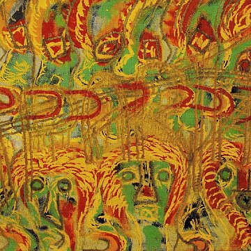 Cette œuvre est une peinture vibrante et dynamique, remplie de couleurs chaudes et froides. On y trouve des nuances de rouge, d'orange et de jaune qui se mêlent à des touches de vert et de bleu, créant un contraste saisissant. Les formes semblent tourbillonner et se chevaucher, évoquant des visages abstraits qui sont partiellement visibles. L'ensemble dégage une sensation de mouvement, presque comme une danse, où les figures semblent interagir entre elles. Les traits sont lâches et expressifs, laissant une impression de chaos organisé, comme une scène animée remplie d'énergie et d'émotion.
