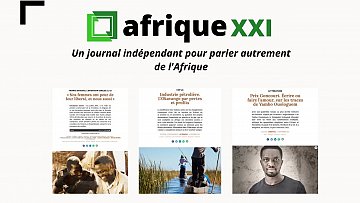 L'image représente le logo et le slogan du site "Afrique XXI", un journal indépendant dédié à la discussion et à la réflexion sur divers aspects de l'Afrique. Au centre, on trouve le titre "Afrique XXI" dans un style moderne. En dessous, le slogan "Un journal indépendant pour parler autrement de l'Afrique" souligne la mission du journal. Le visuel inclut également une série de vignettes illustrant différents articles, abordant des thèmes comme les droits des femmes, l'industrie pétrolière, et des prix littéraires. Chaque vignette semble contenir des images et des titres qui attirent l'attention sur des questions contemporaines importantes. L'ensemble vise à offrir une vision diversifiée et critique de l'actualité africaine.